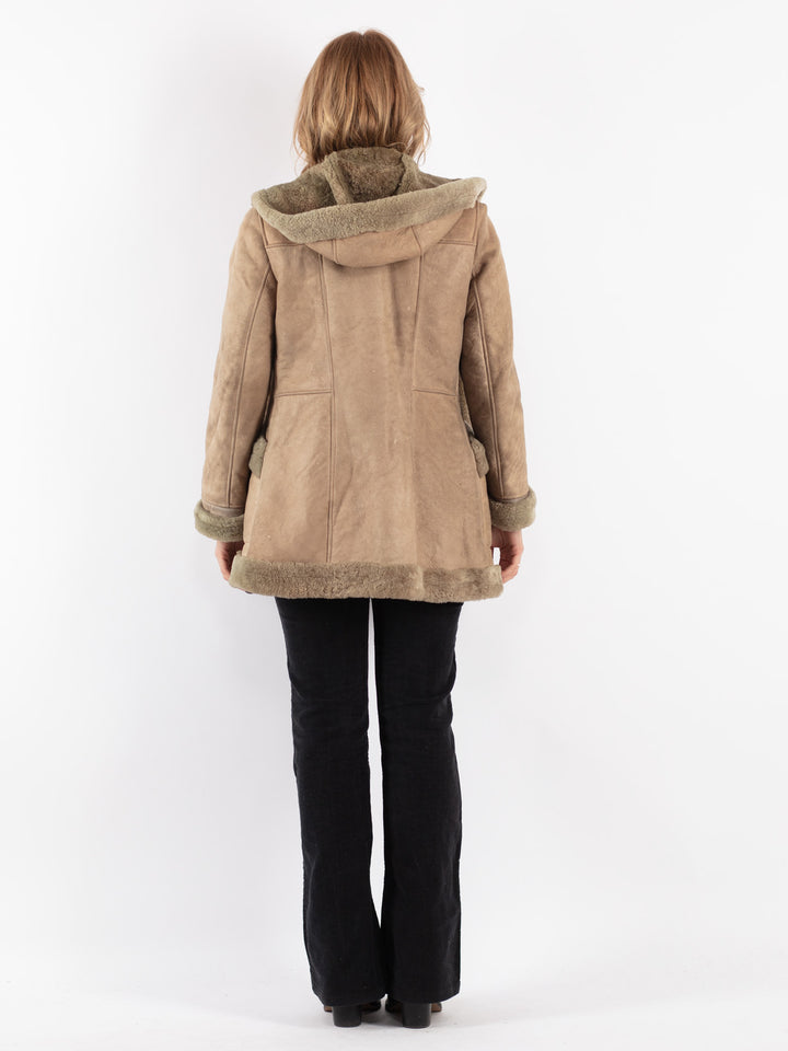 Vintage 70's Women Hooded Sheepskin Coat in Beige