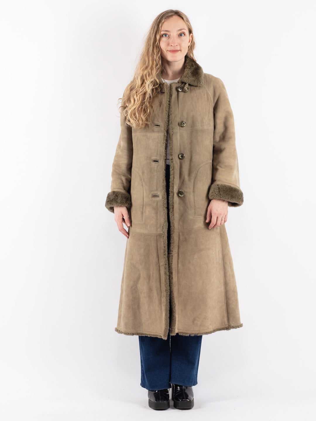 Vintage 70's Women Sheepskin Coat in Green