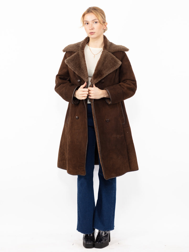 Vintage 70's Women Sheepskin Long Coat in Brown