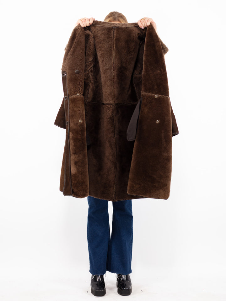 Vintage 70's Women Sheepskin Long Coat in Brown