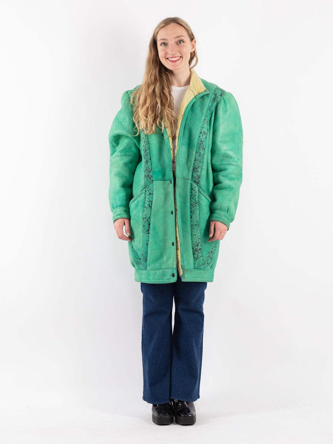 Vintage 70's Women Sheepskin Coat in Green