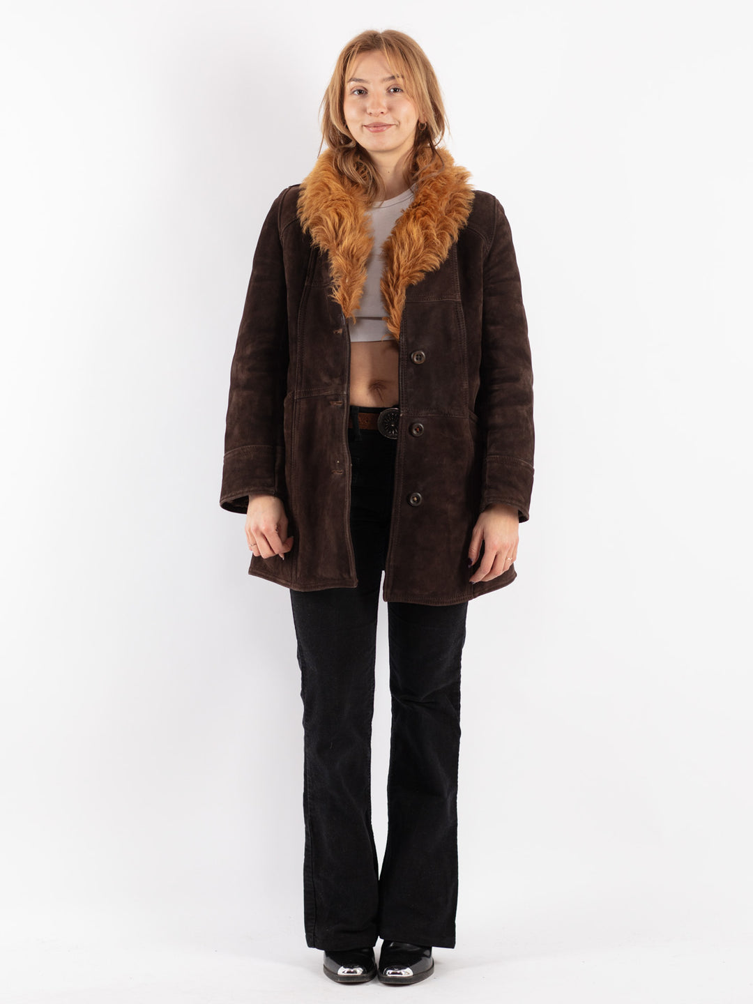 Vintage Women Sheepskin Coat in Brown