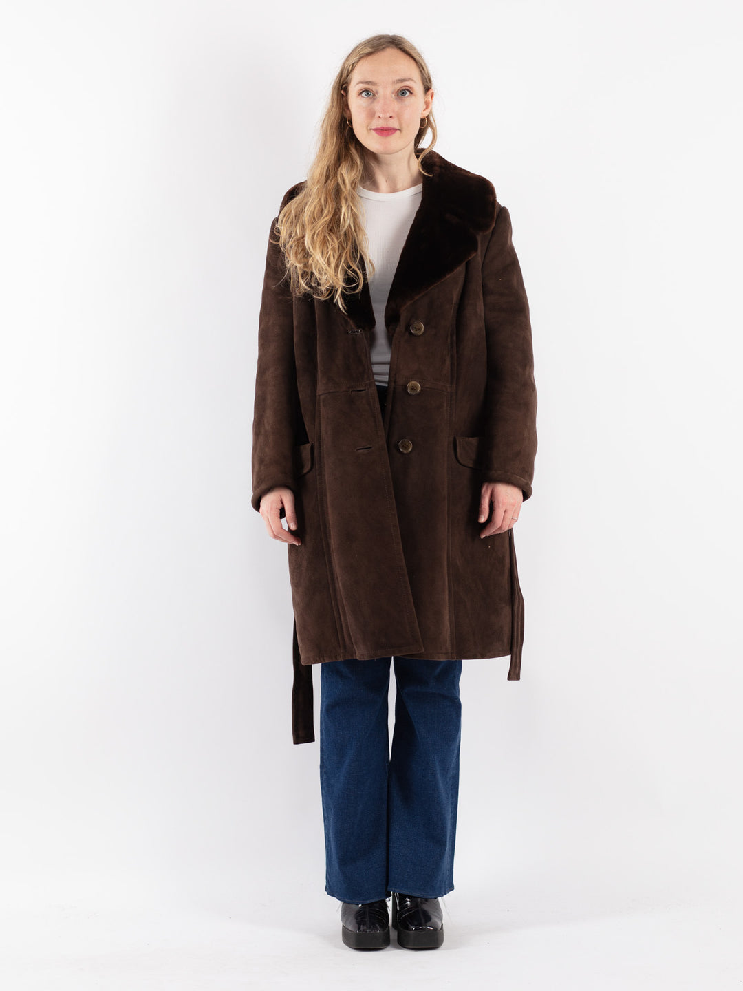 Vintage 70's Women Sheepskin Shearling Coat in Brown