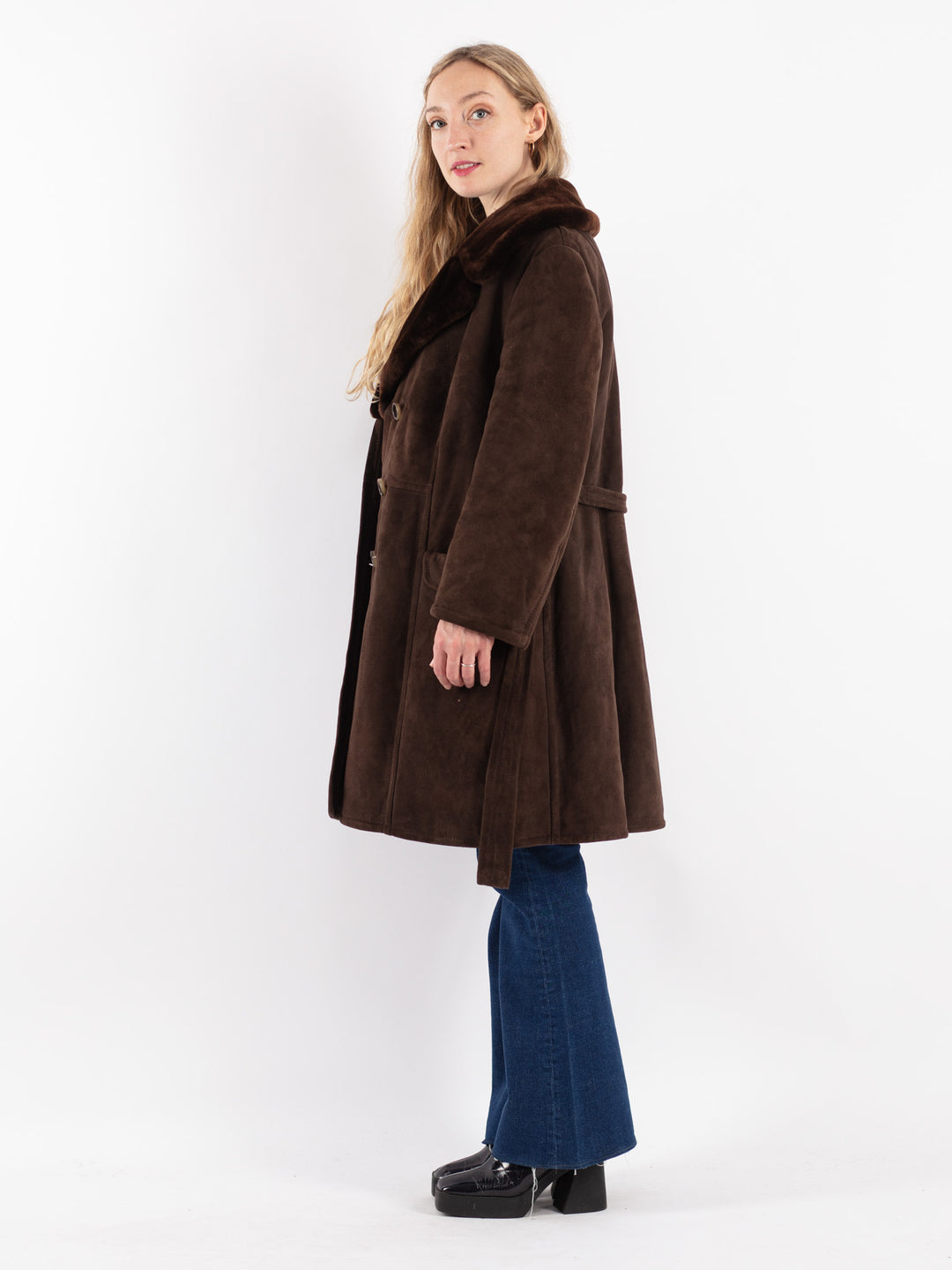 Vintage 70's Women Sheepskin Shearling Coat in Brown