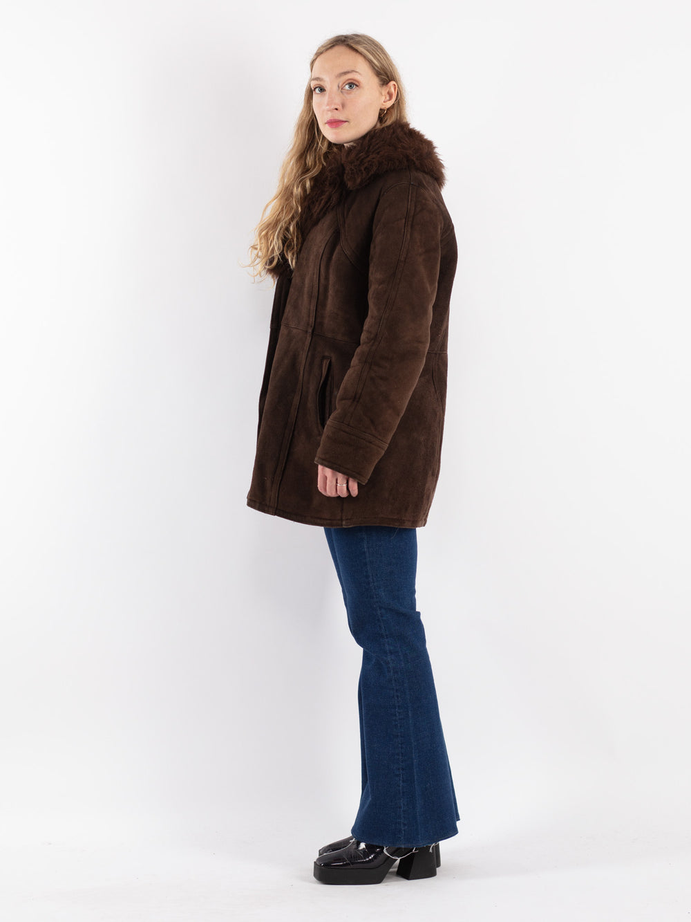 Vintage 70's Women Sheepskin Shearling Coat in Brown