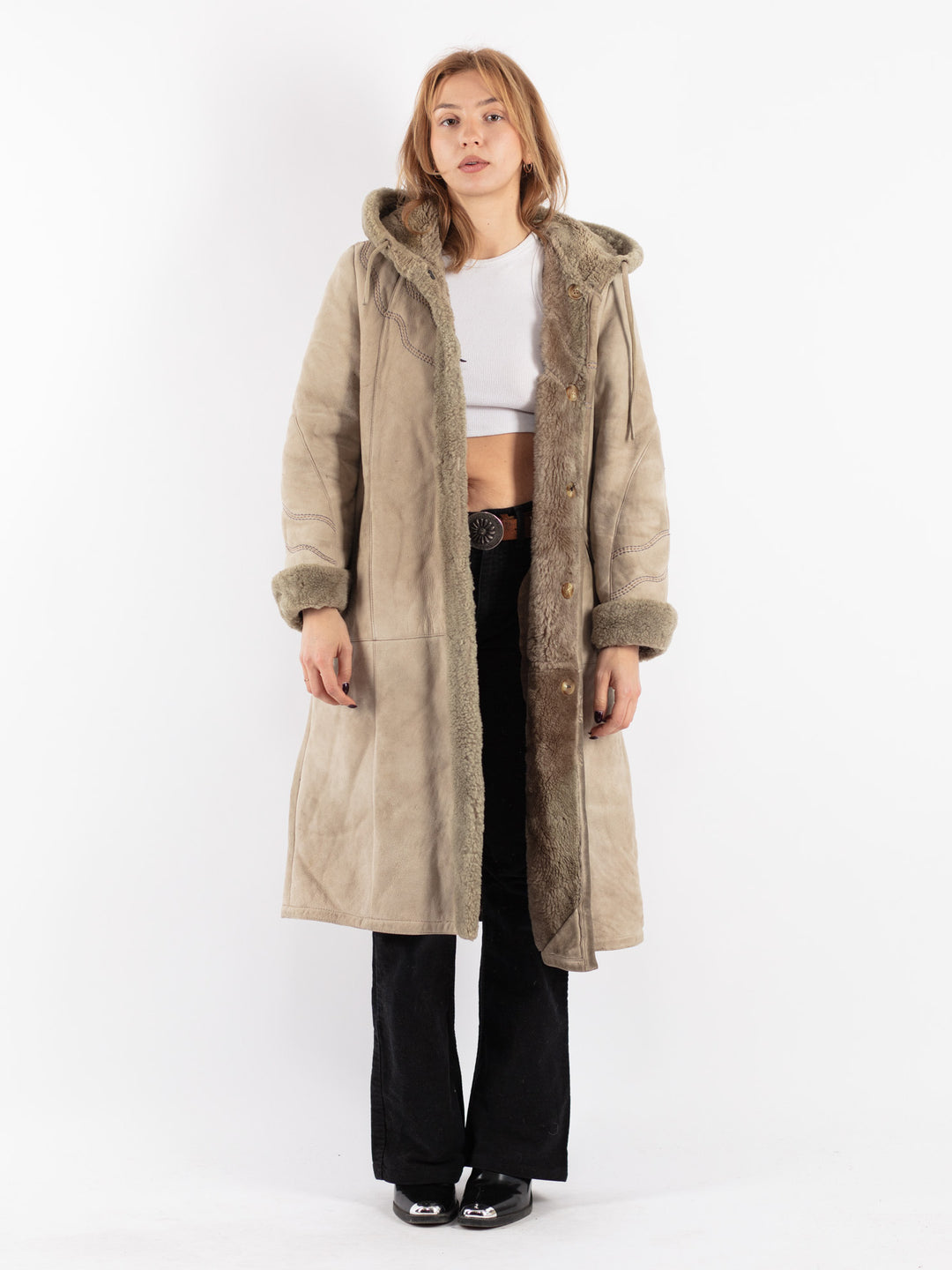 Vintage 70's Women Sheepskin Coat in Beige