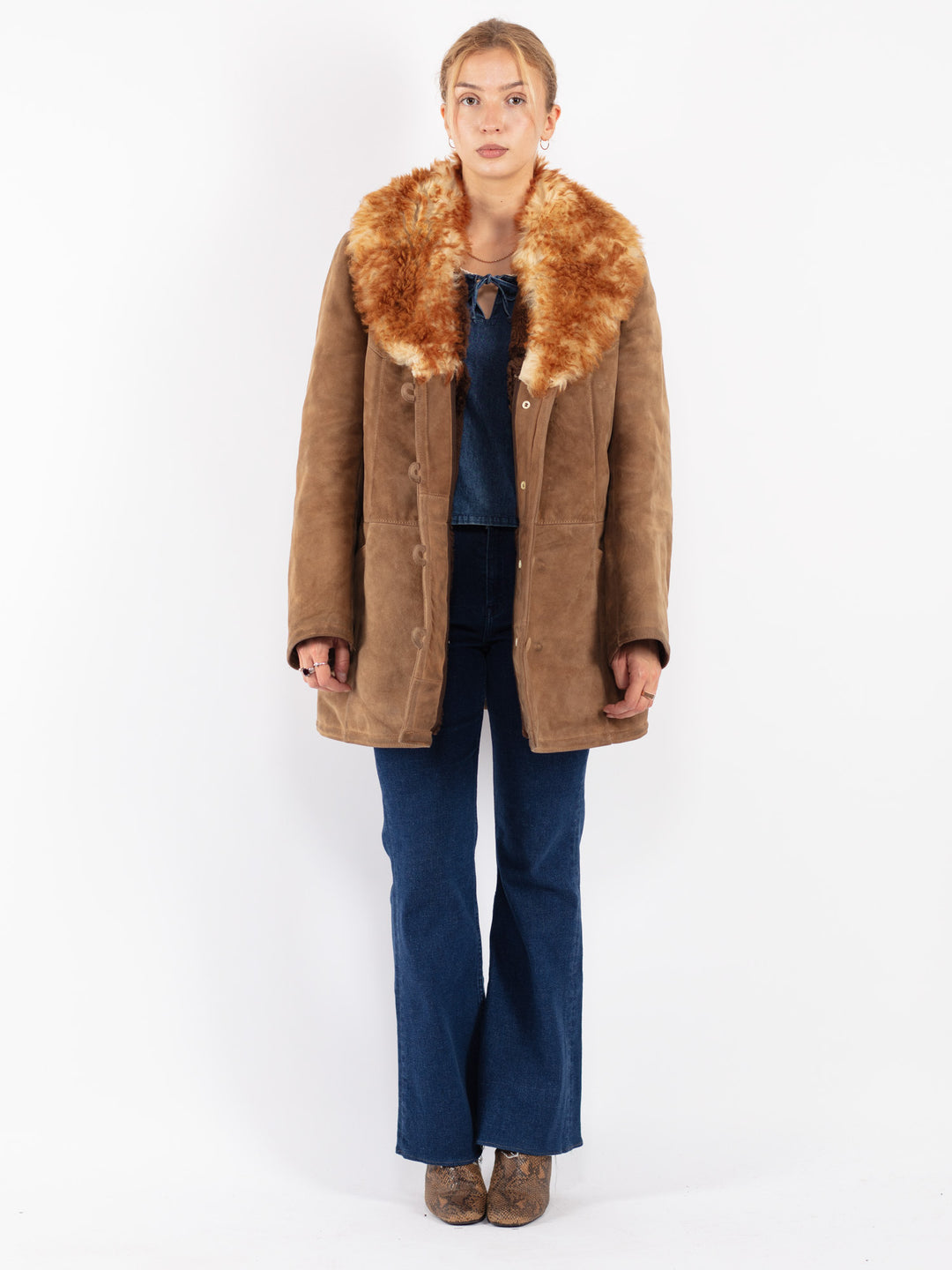 Vintage 70's Women Sheepskin Shearling Coat in Beige