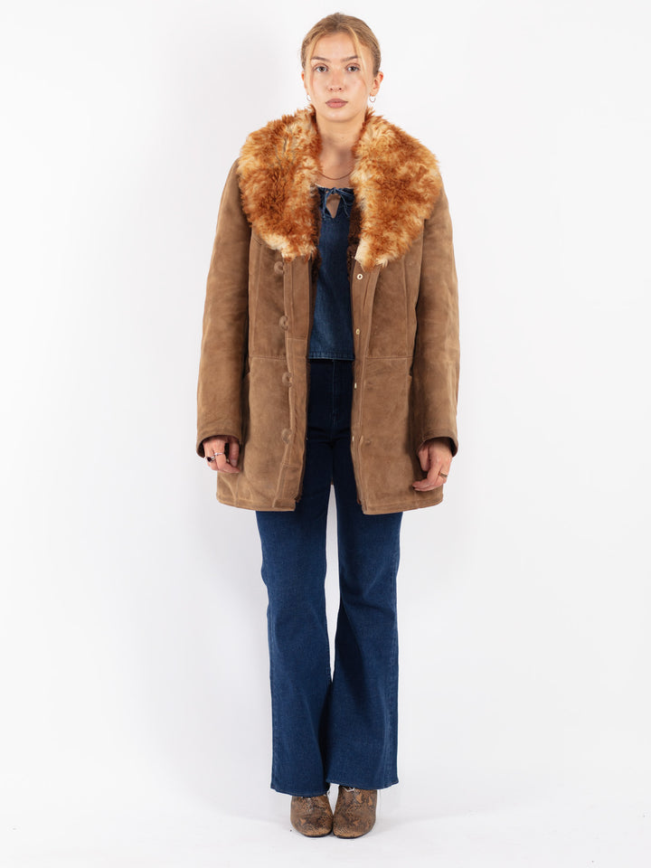 Vintage 70's Women Sheepskin Shearling Coat in Beige