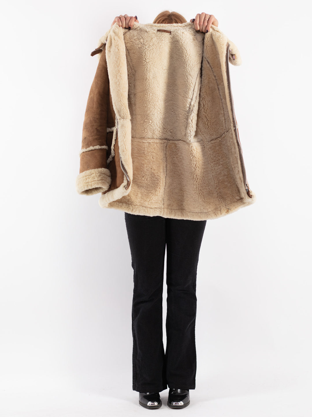 Vintage Women Sheepskin Shearling Coat in Brown
