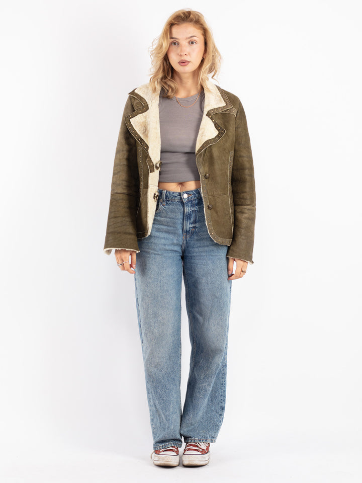 Vintage 80's Women Sheepskin Jacket in Green