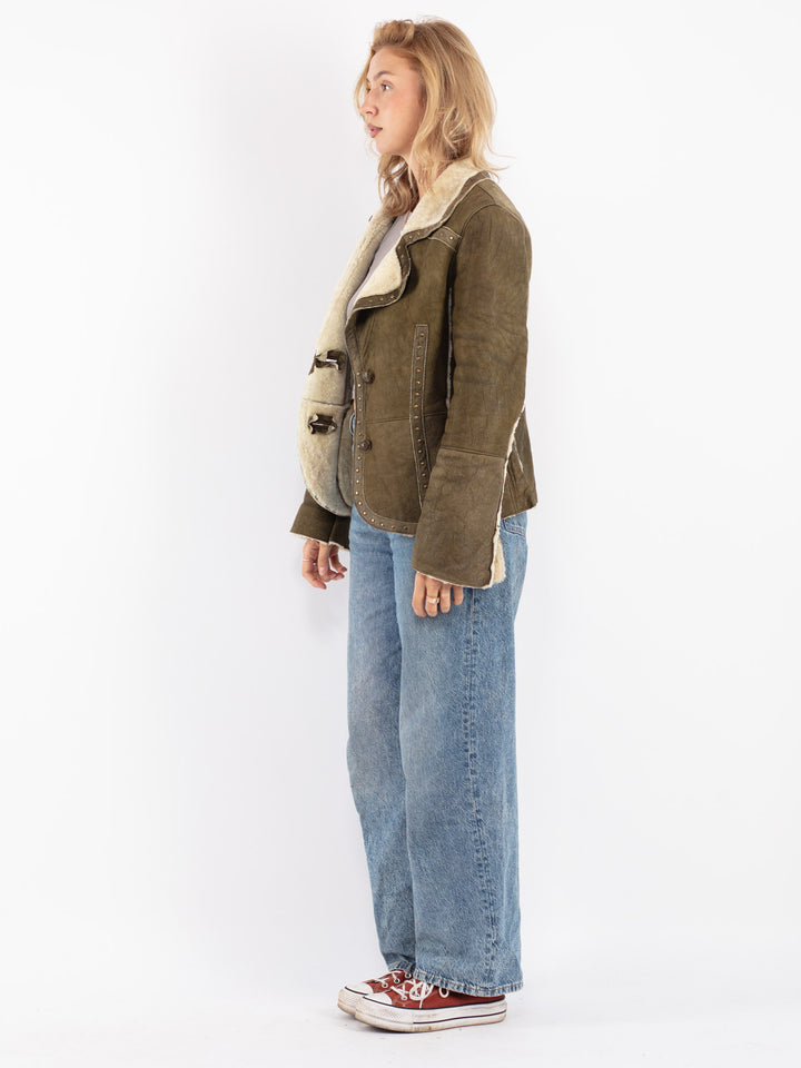 Vintage 80's Women Sheepskin Jacket in Green