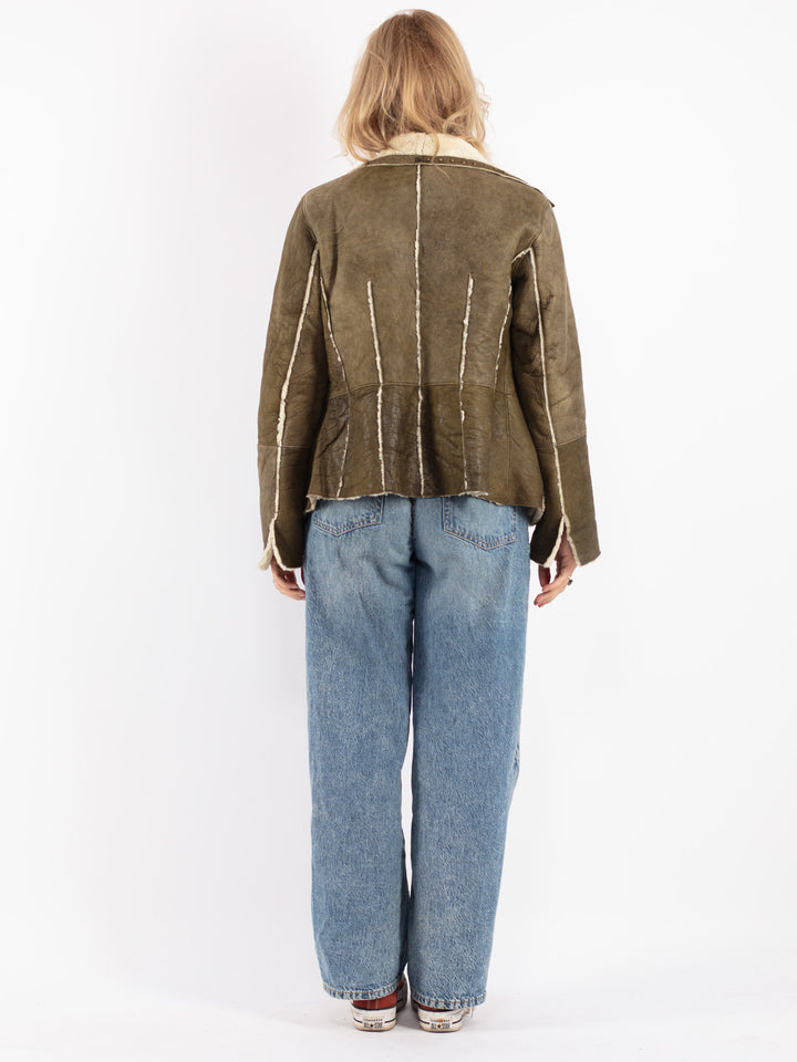 Vintage 80's Women Sheepskin Jacket in Green
