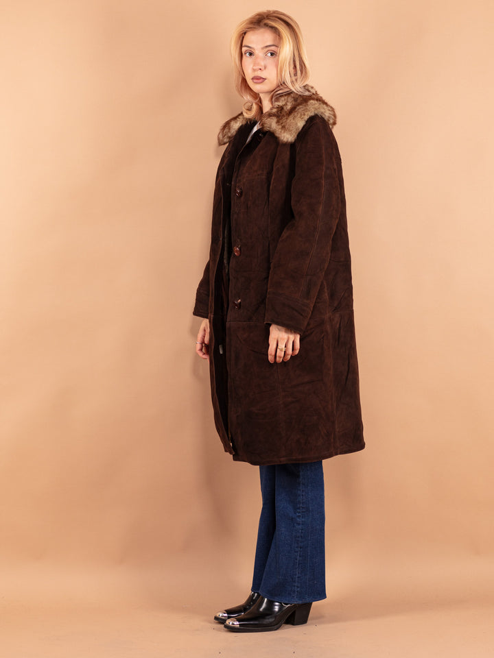 Vintage 70's Women Sheepskin Long Coat in Brown