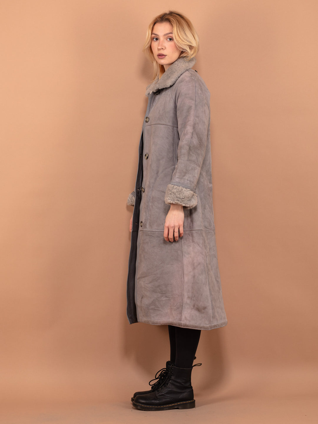 Sheepskin Long Coat, Size S Shearling Coat, Gray Sheepskin Overcoat, Women Sheepskin Coat, Penny Lane, Retro Leather Suede Coat