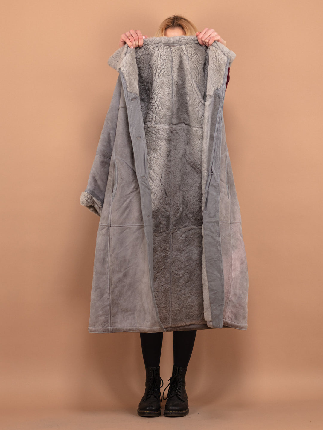Sheepskin Long Coat, Size S Shearling Coat, Gray Sheepskin Overcoat, Women Sheepskin Coat, Penny Lane, Retro Leather Suede Coat
