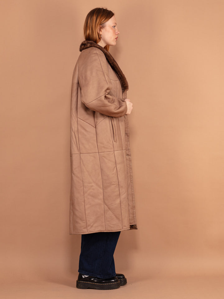 Sheepskin Maxi Coat, Size Large L Warm Shearling Fur Coat, Beige Sheepskin Overcoat, Oversized Sheepskin Coat, Penny Lane, Winter Outerwear
