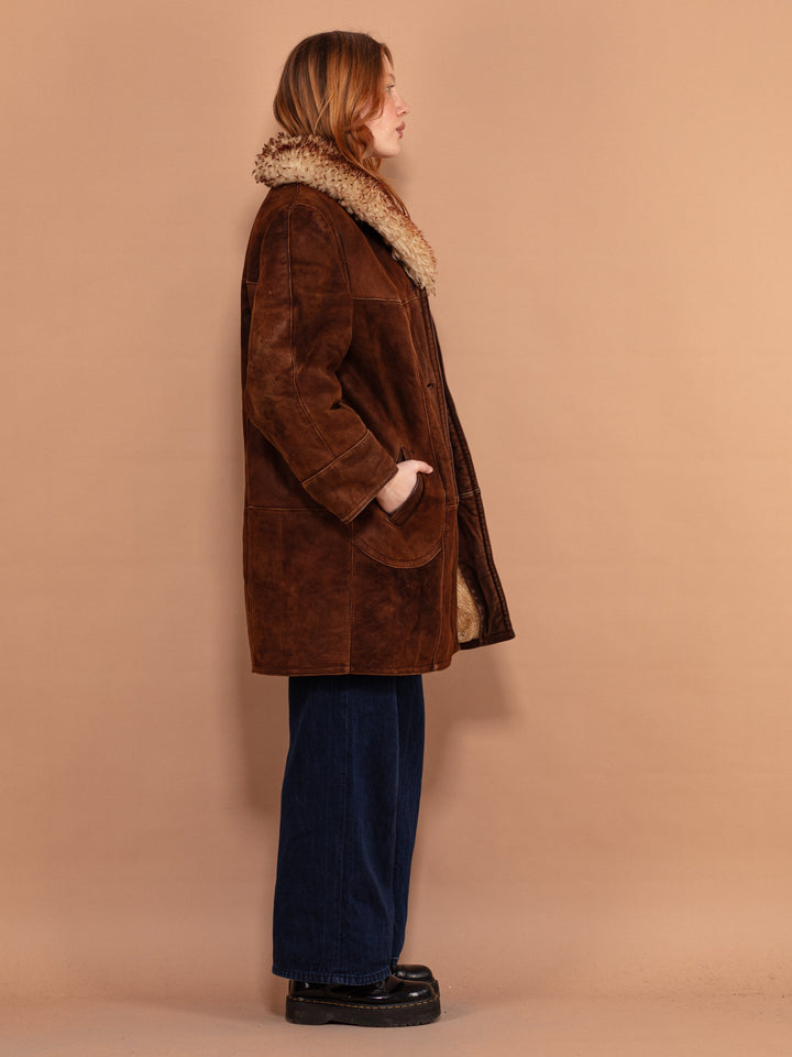 Sheepskin Suede Coat 70's, Size Large, Women Brown Winter Suede Coat, Vintage Sheepskin Coat, Western Style Outerwear, Shearling Coat