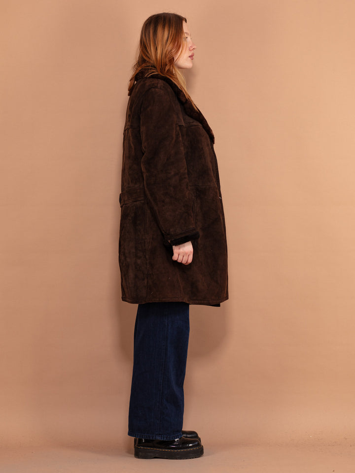 Sheepskin Suede Coat 70's, Size Medium, Vintage Brown Shearling Fur Coat, Sheepskin Suede Coat, Boho Western Hippie Style Outerwear
