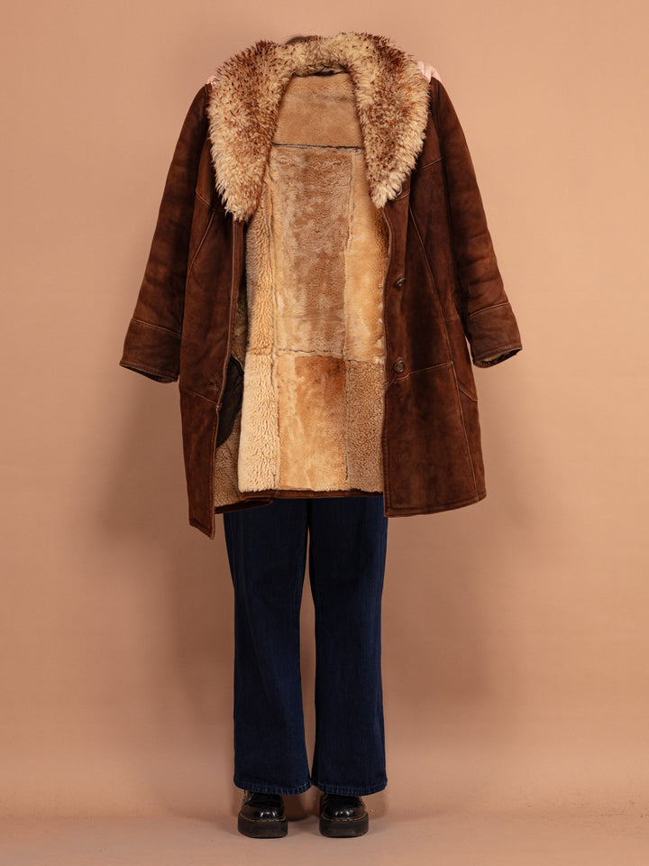 Sheepskin Suede Coat 70's, Size Large, Women Brown Winter Suede Coat, Vintage Sheepskin Coat, Western Style Outerwear, Shearling Coat