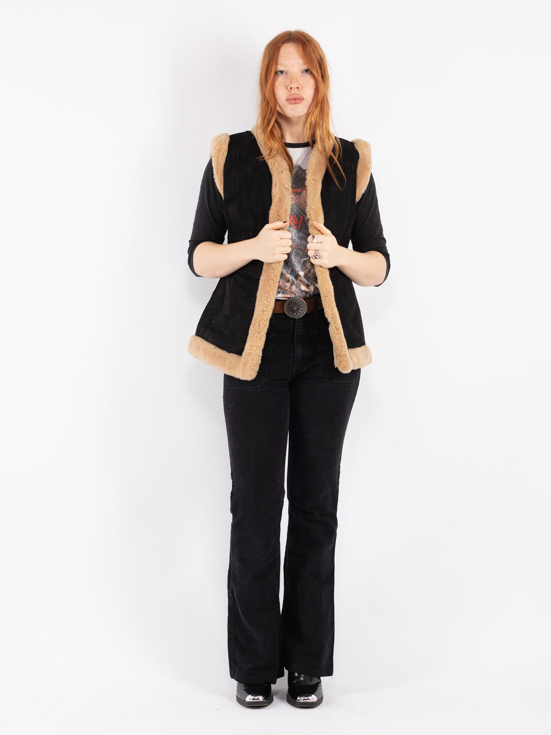 Vintage 70's Women Sheepskin Vest in Black