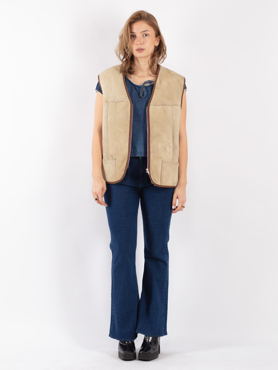 Vintage 70's Women Sheepskin Vest in Beige