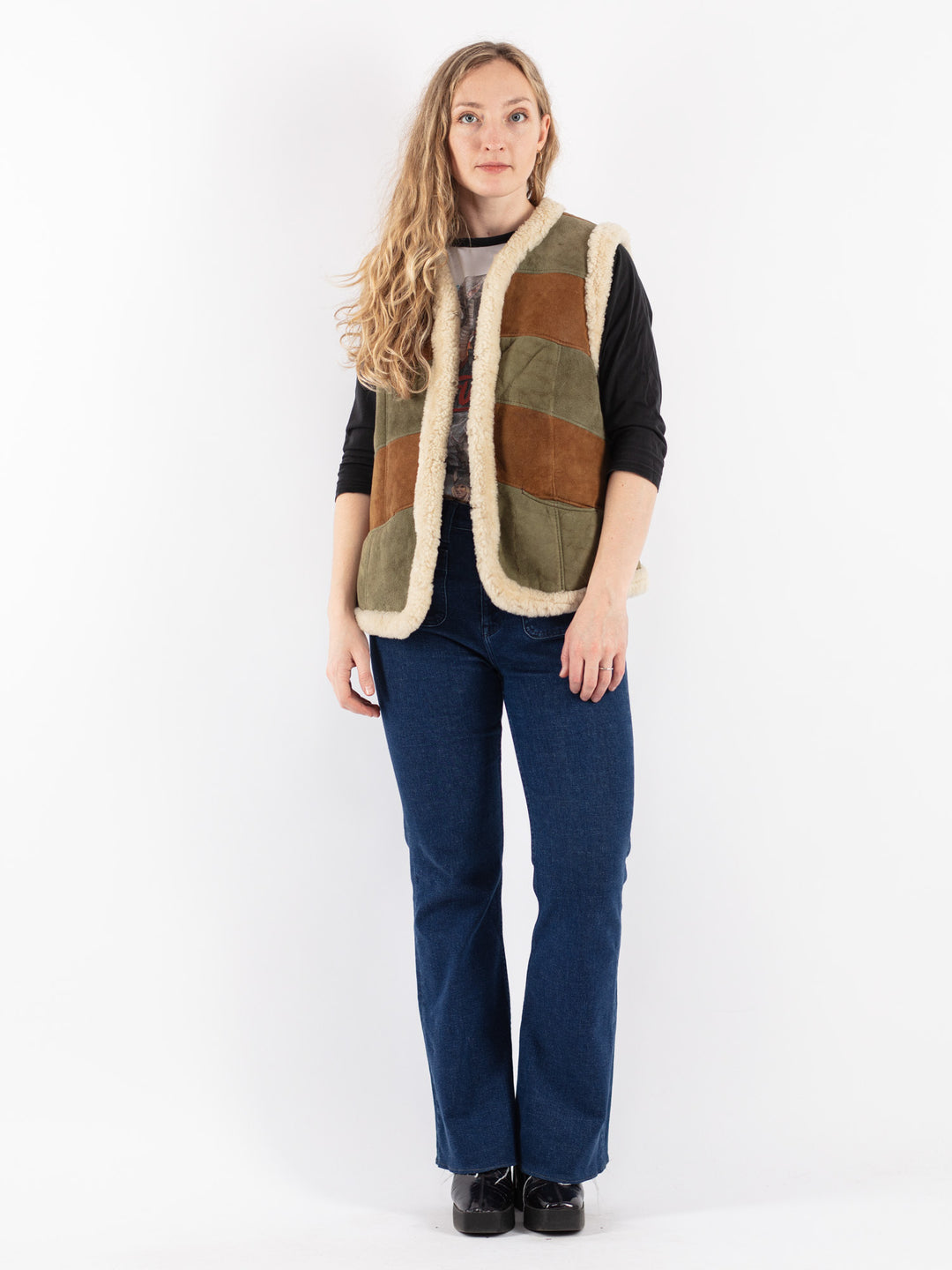 Vintage 70's Women Sheepskin Vest in Green
