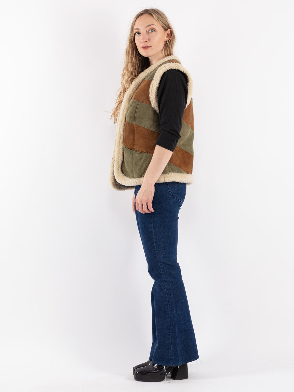 Vintage 70's Women Sheepskin Vest in Green