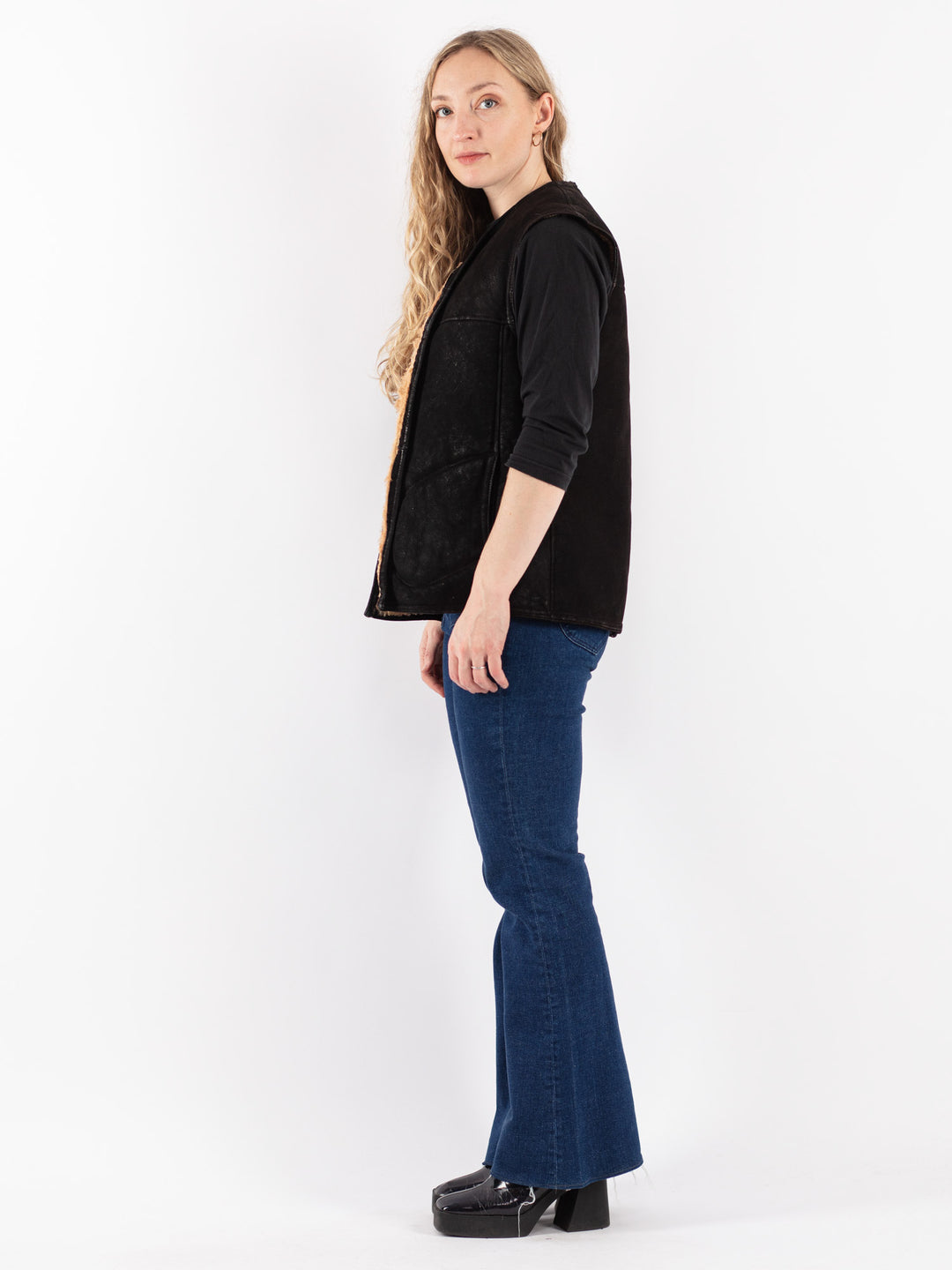 Vintage 70's Women Sheepskin Vest in Black