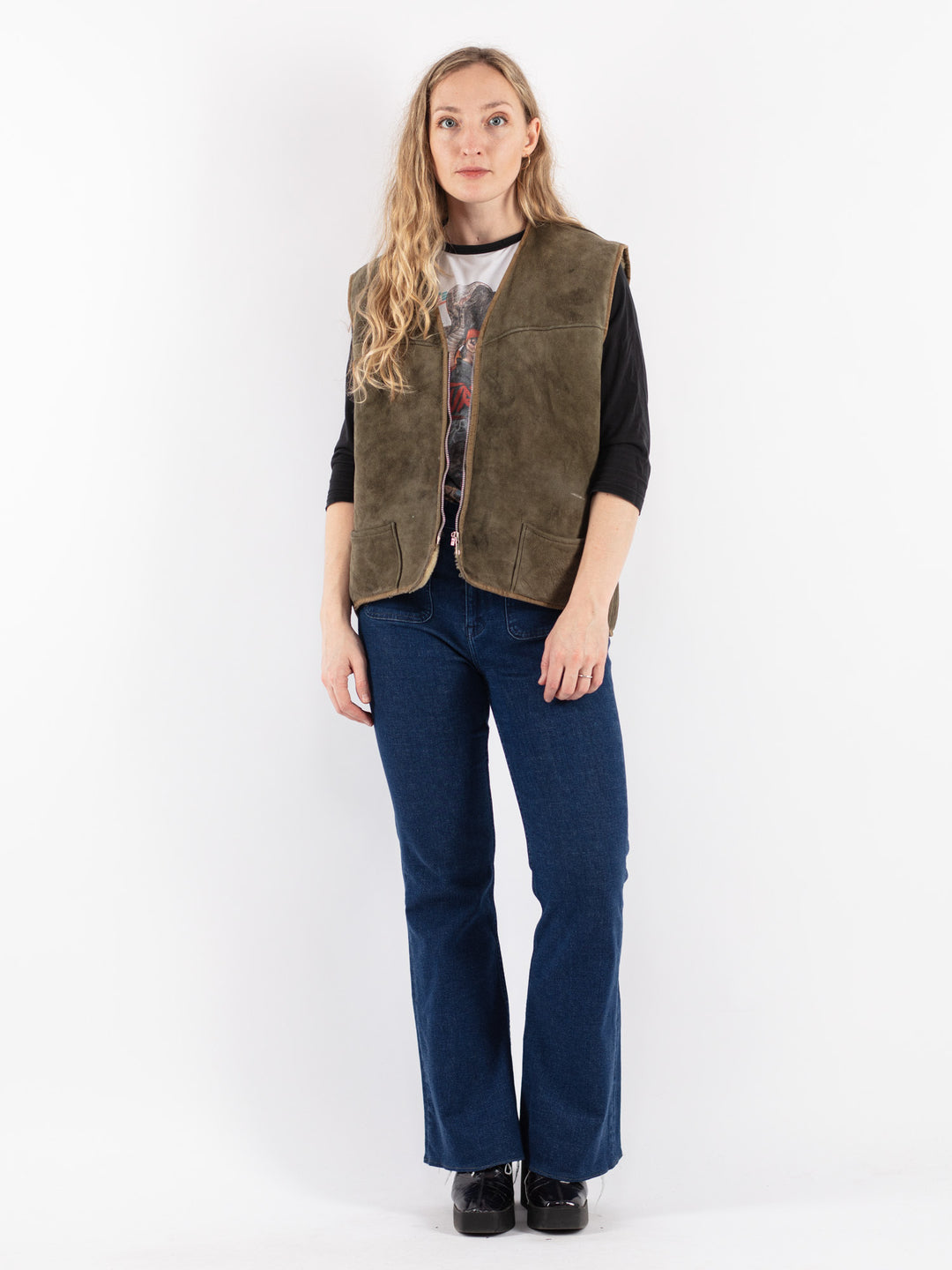 Vintage 70's Women Sheepskin Vest in Green