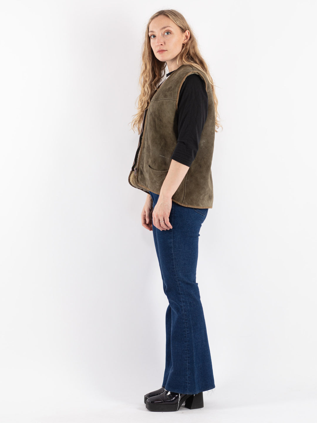 Vintage 70's Women Sheepskin Vest in Green