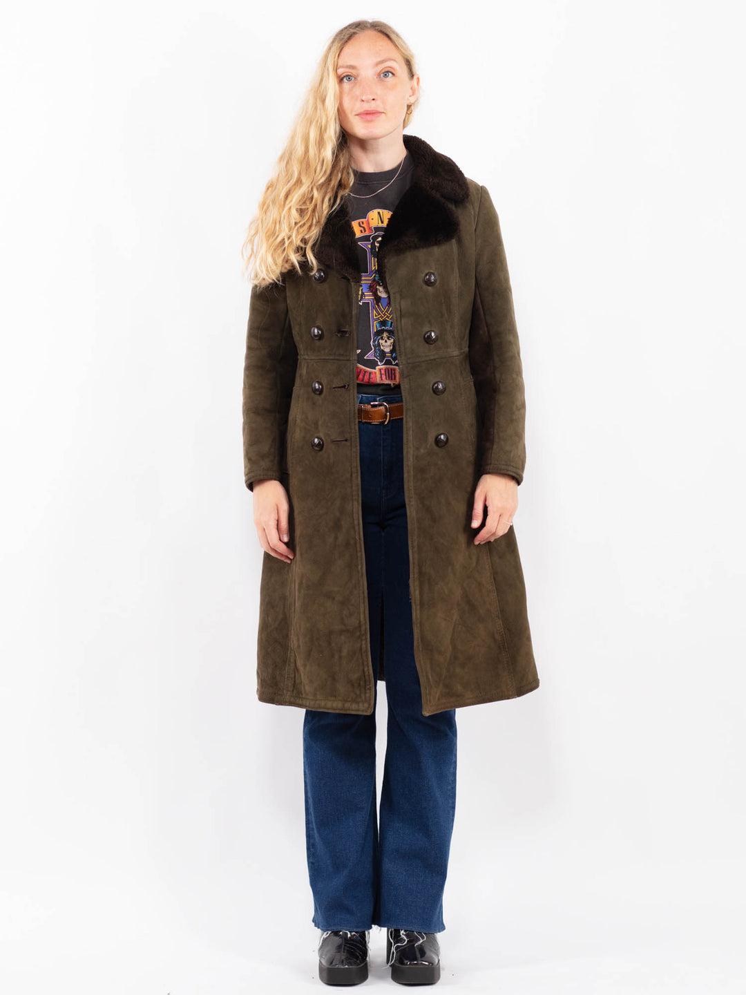 Vintage 70's Women Suede Sherpa Coat in GreenA0425