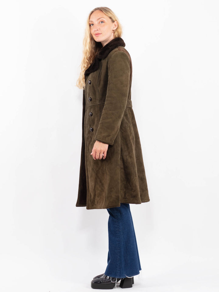 Vintage 70's Women Suede Sherpa Coat in GreenA0425