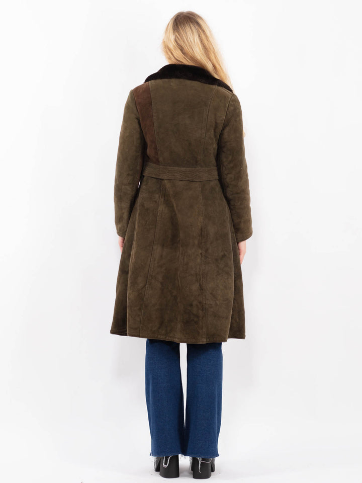 Vintage 70's Women Suede Sherpa Coat in GreenA0425