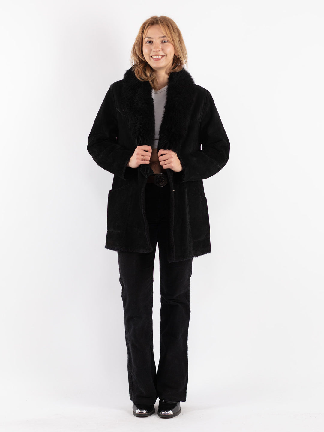 Vintage 70's Women Suede Sherpa Coat in Black