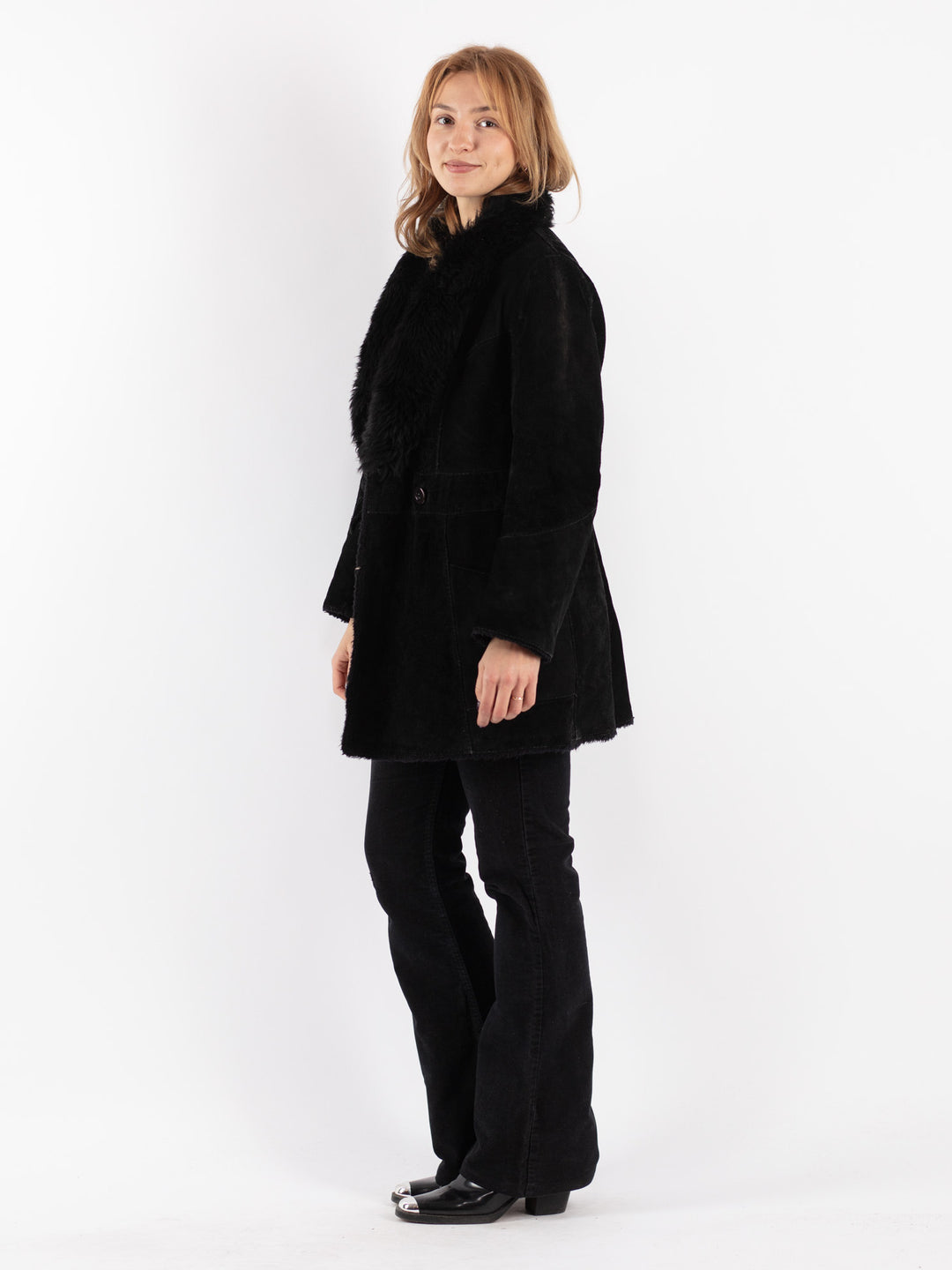 Vintage 70's Women Suede Sherpa Coat in Black