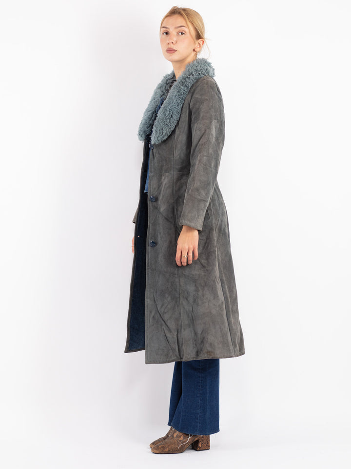 Vintage 70's Women Suede Sherpa Coat in Gray