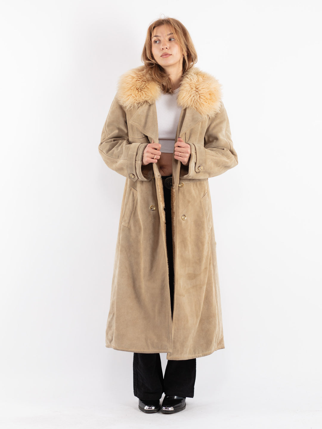 Vintage 70's Women Suede Sherpa Coat in Beige
