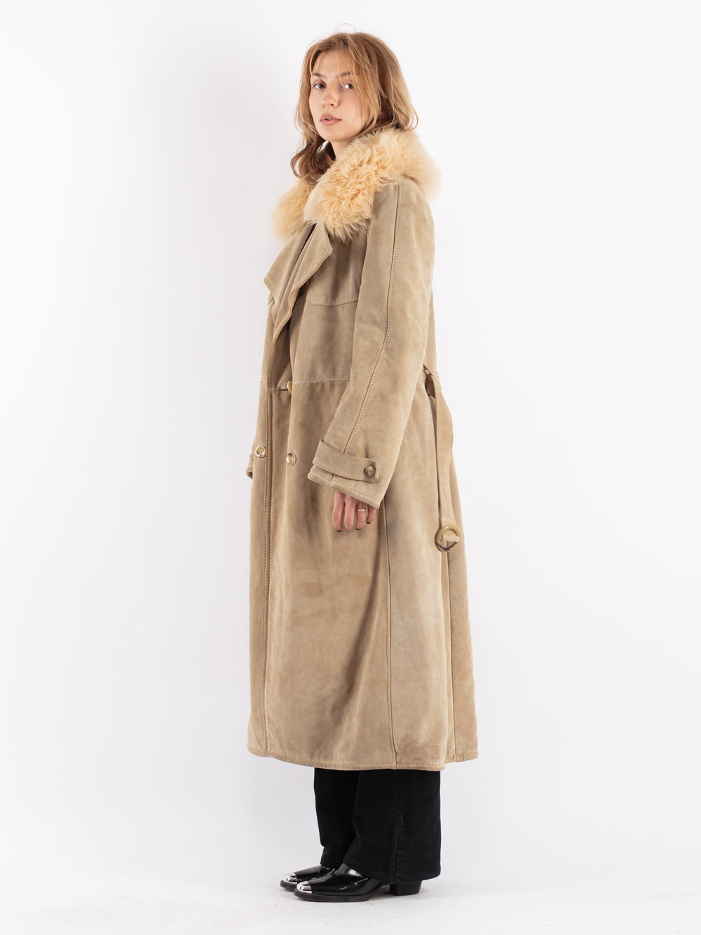 Vintage 70's Women Suede Sherpa Coat in Beige