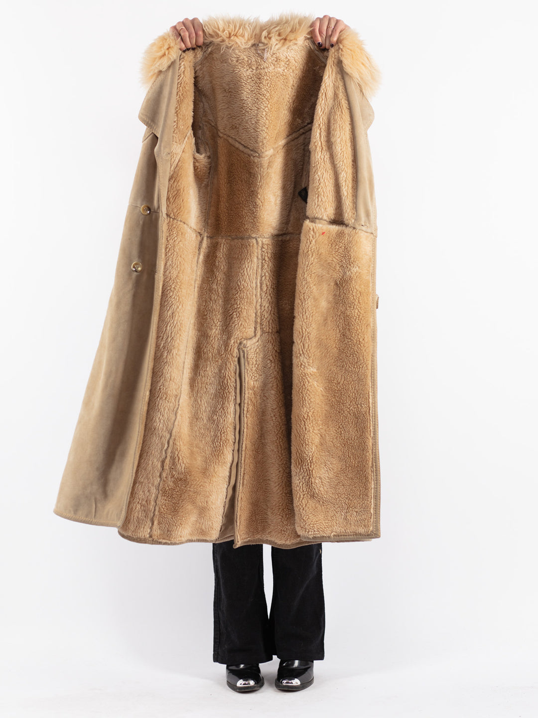 Vintage 70's Women Suede Sherpa Coat in Beige