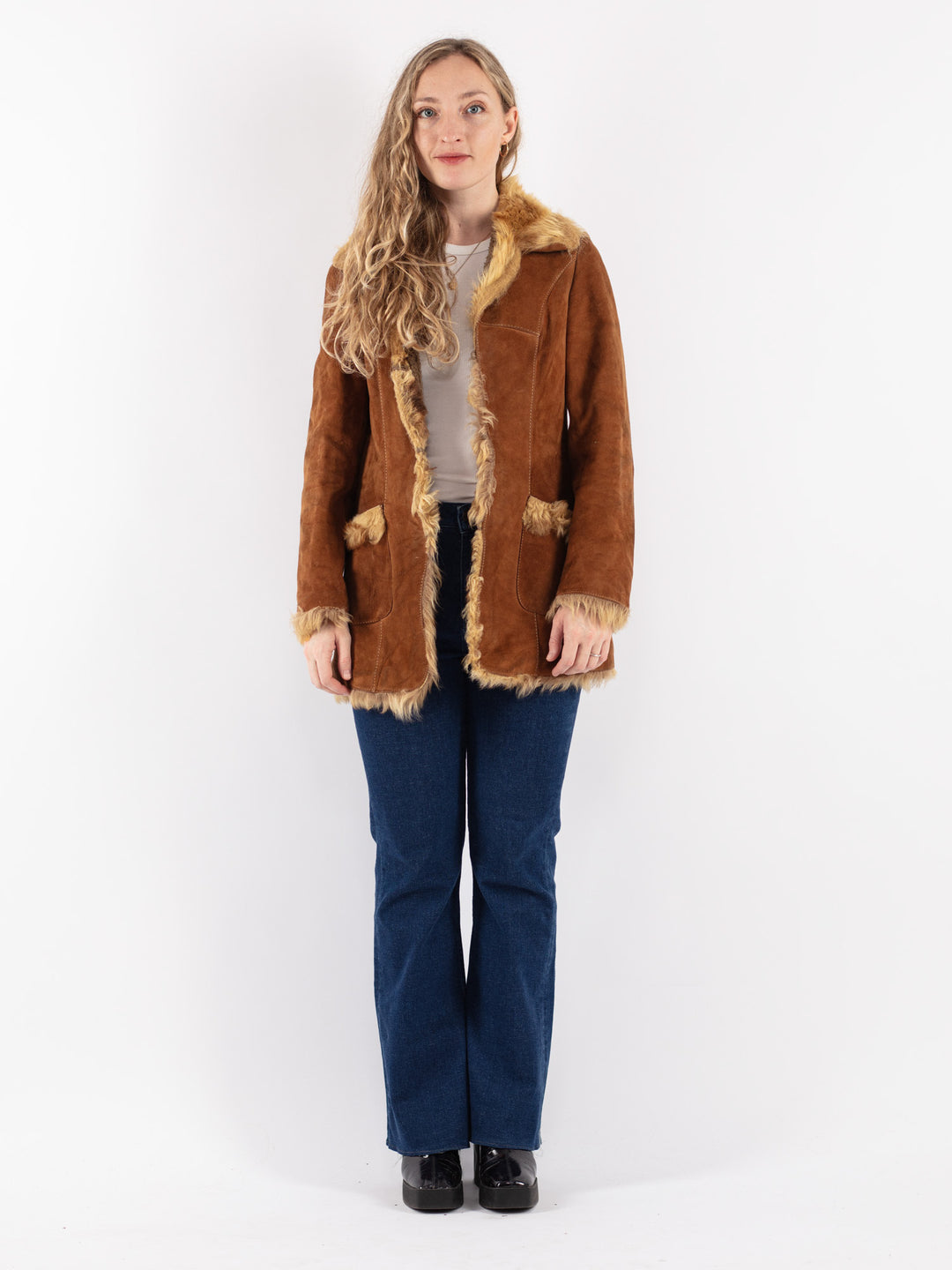 Vintage 70's Women Suede Sherpa Coat in Brown