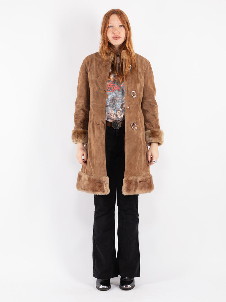 Vintage 70's Women Suede Sherpa Coat in Beige