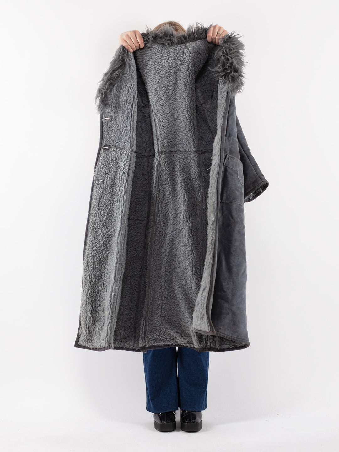 Vintage 70's Women Suede Sherpa Coat in Gray