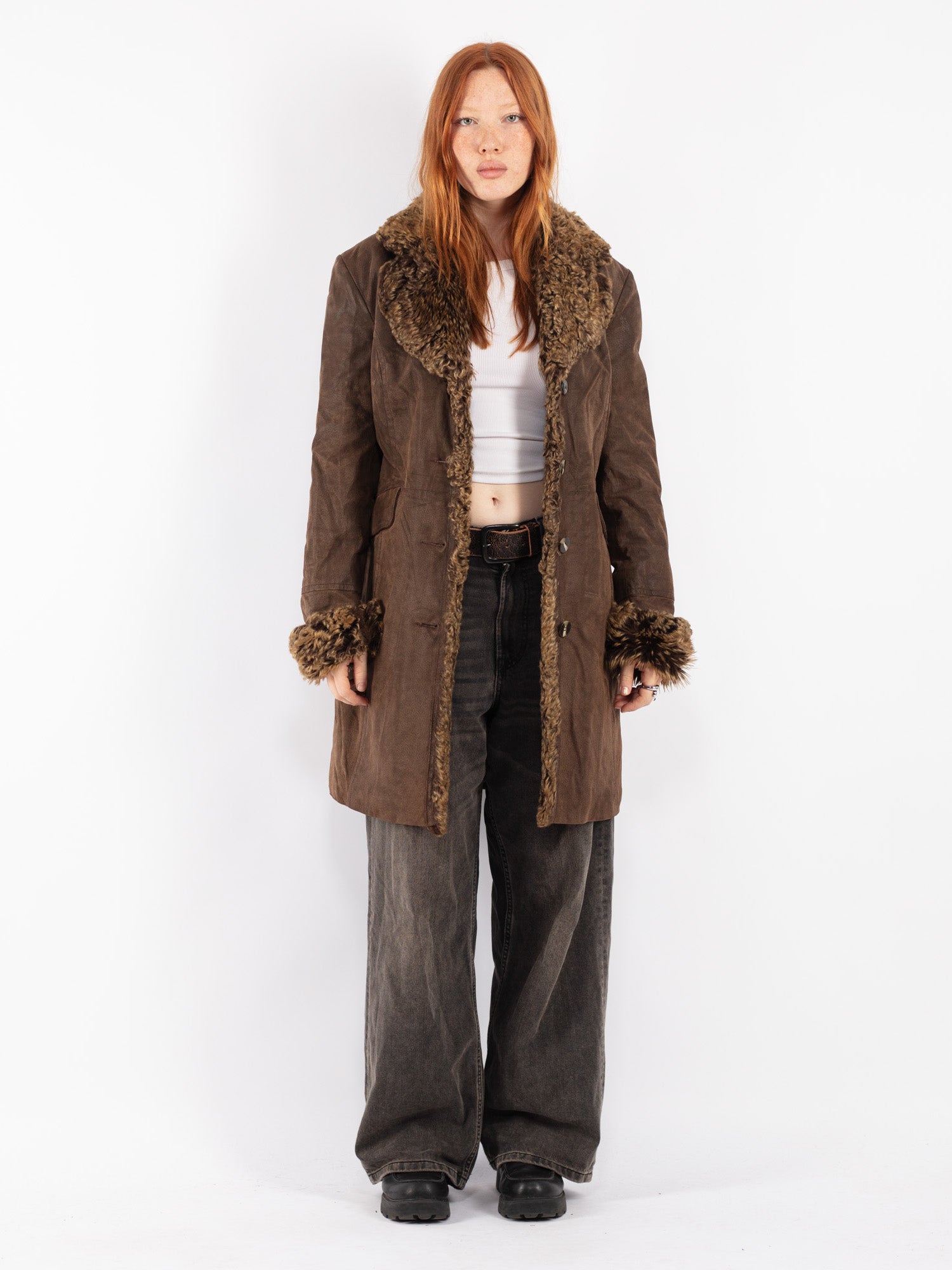 Buy Suede Sherpa Coat 70's women classic vintage brown suede faux shearling coat winter outerwear retro women vintage clothing size small