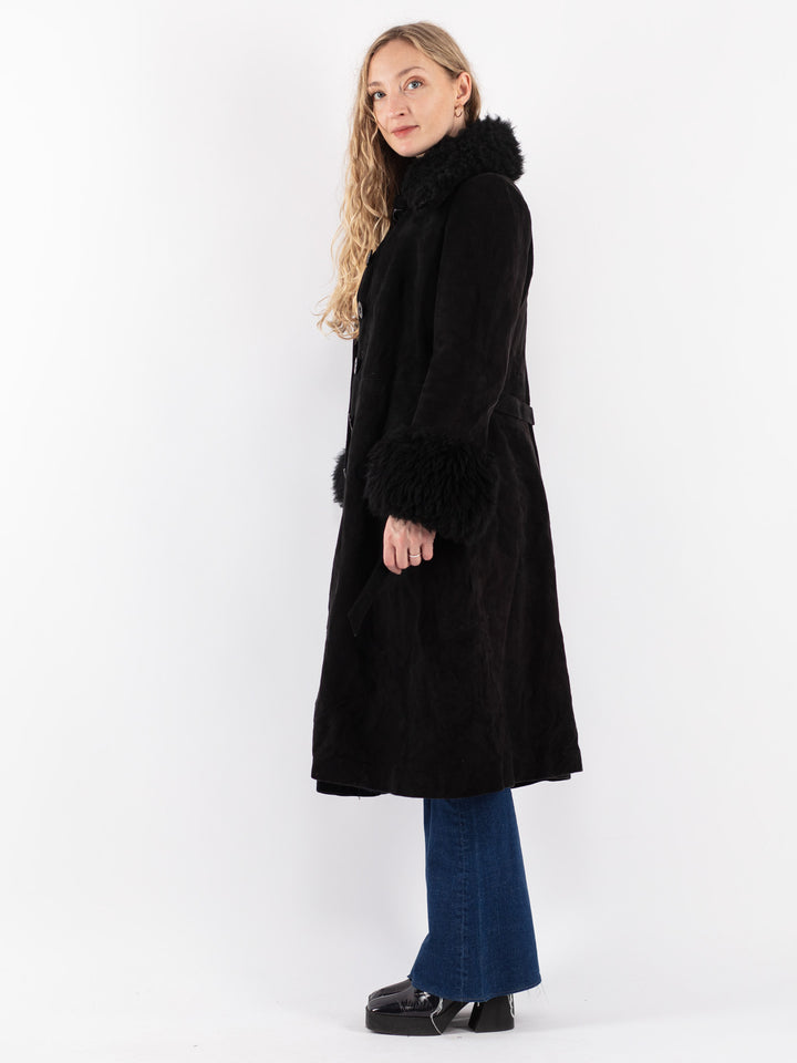Vintage 70's Women Suede Sherpa Coat in BlackV8629