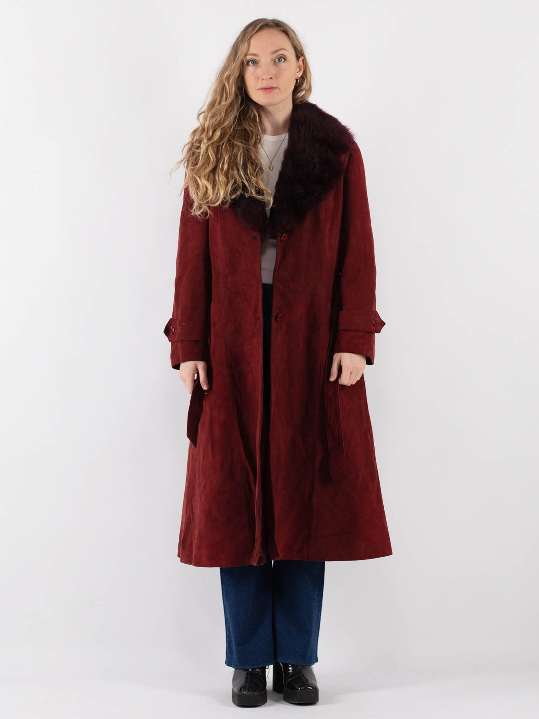 Vintage 70's Women Suede Sherpa Coat in RedV9408