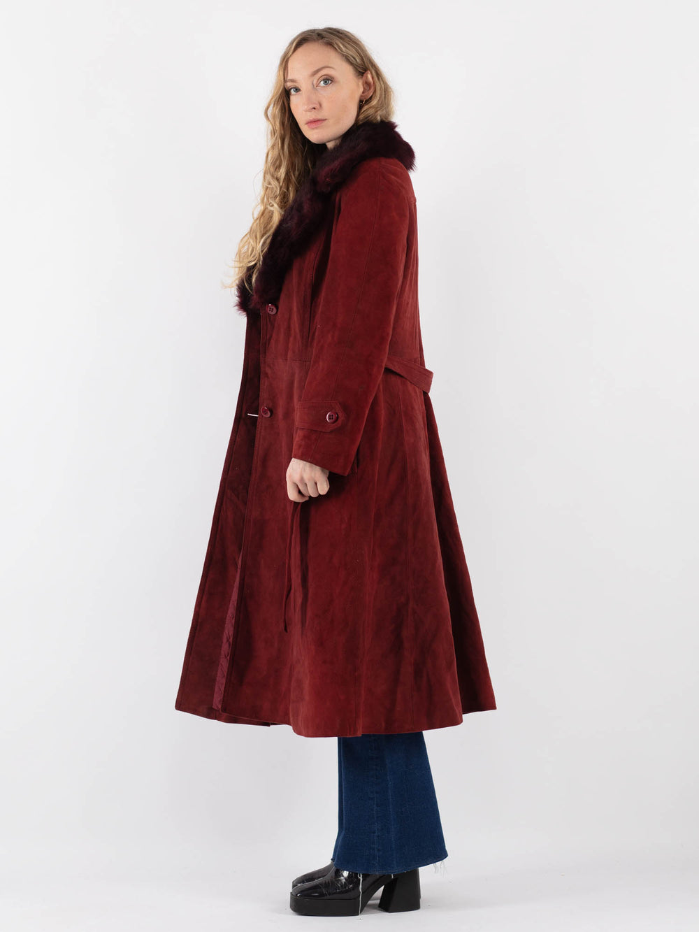 Vintage 70's Women Suede Sherpa Coat in RedV9408