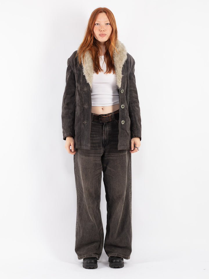 Vintage 70's Women Suede Sherpa Jacket in Gray