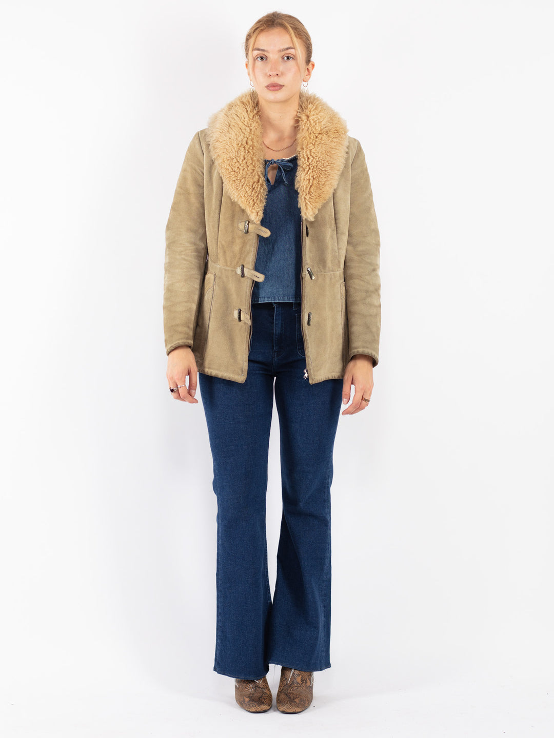 Vintage 70's Women Suede Sherpa Jacket in Beige