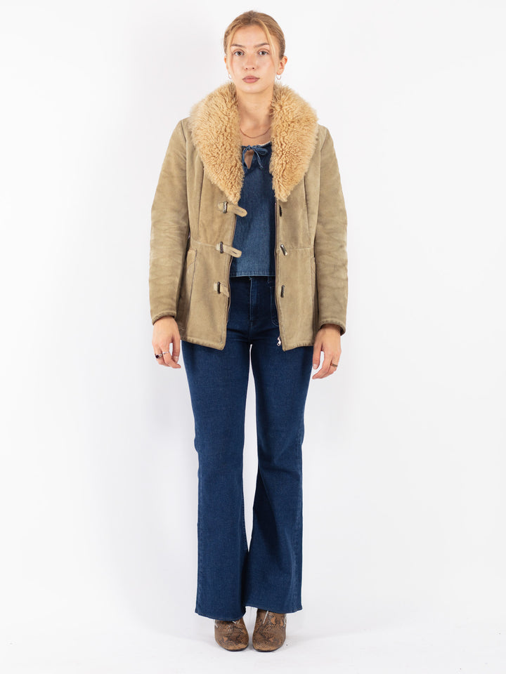 Vintage 70's Women Suede Sherpa Jacket in Beige