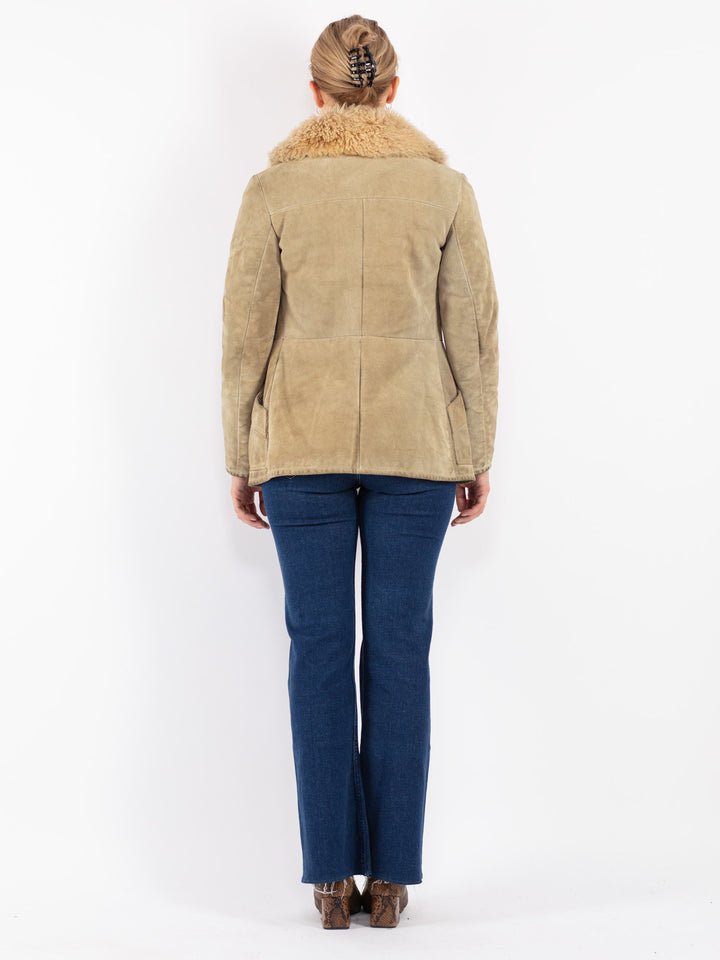 Vintage 70's Women Suede Sherpa Jacket in Beige